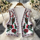 Vestê Feminino de Crochê com Bordado Floral e Decote V - Vintage Folk Tricô Primavera Outono