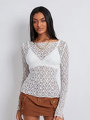 Women Lace Pullover TopS Retro Long Sleeve Round Neck See Through Solid Color Fitted T-Shirts Casual Blouse Streetwear Y2K 2000s
