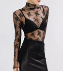 Sexy Lace Bottomed Blouse Women Long Sleeve Crop Top Sleeved High Neck With Hollowed Out Chiffon Foreign Style Sexy Mesh