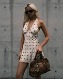 Vestido Mini Feminino de Cetim com Poa e Halter - Sexy Decote V Profundo Costas Abertas Praia Clube