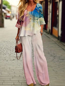 Fashion Top Pants Set Women O Neck Half Sleeve Printed Shirts Solid Color Wide Leg Long Pant Female Spring Clothing
