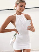 Vestido Mini Feminino Y2K Sem Manga com Halter - Bodycon Costas Abertas Sexy Elegante Festa Clube Verão