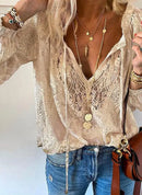 2026 Women's Fashion Solid Color Lace Long Sleeve Shirt Loose Slim Fit Versatile Elegant Office Commute Casual Pullover Blouse