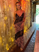 Vestido Maxi Feminino com Estampa de Leopardo e Alças - Sexy See Through Sem Manga Costas Abertas Praia Clube