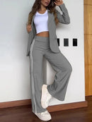 Women 2 Piece Sets Suit Jacket Wide Leg Pants Turn Down Collar Pockets Striped Blazer Coat Trousers 2025 Office Lady Outfits