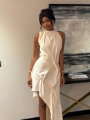 Women Elegant Pleated Irregular Slim Long Skirt Sexy Solid Backless Off-shoulder Dress New Dating Party Festival Club Prom Gown