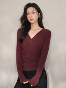 Elegant Ruched Cross V Neck Knit Top Slim Fit Long Sleeve Shirt for Women Chic Casual Early Spring Daily Base Layer Style Lady