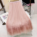Mesh Plested Skirts Women Chic Pearl Aesthetic Midi Skirt Holiday Sweet Temper Female Spring High Waist Delicate Faldas Largas