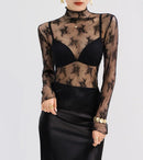 Sexy Lace Bottomed Blouse Women Long Sleeve Crop Top Sleeved High Neck With Hollowed Out Chiffon Foreign Style Sexy Mesh