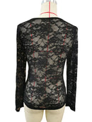 Women Long Sleeve Sheer Mesh Blouse Sexy See Through V Neck Floral Lace Shirt Y2K Daily Wear Street Dating Night Club Party Tops