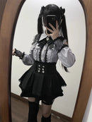 Women‘s Lolita Set Dark Femme Mesh Top & Waist Cinching Skirt, 2025 Autumn Japanese Street Style Coord for Gothic Baddie Fashion