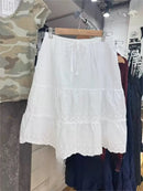 Floral Embroidery Lace Trim Midi Skirt Women White Waist Lace-up Ruffle A-line Faldas Sweet Casual Preppy Style Short Skirts