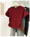 Women's V-Neck Rivet Detail Ruched Short Sleeve T-shirt Casual Slim Fit Crop Top