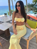 Female Knit 2 Piece-Set Long Skirt Floral Patchwork Tube Tops And High Waist Slim Beach Skirt Sets Knitwear Women Outfits