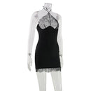 Vestido Bodycon Feminino com Halter e Renda - Sexy Costas Abertas Fitness Festa Clube