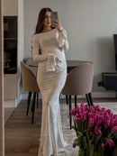 Vestido Longo Feminino com Estampa de Conchas e Manga Flare - Sexy Costas Abertas Renda Cor Sólida Gola Redonda