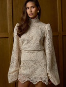 2026 New Women's Long Sleeve Design Fashion Openwork Lace Miniskirt Elegant Temperament Autumn Party Banquet Evening Dress