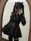 Women‘s Lolita Set Dark Femme Mesh Top & Waist Cinching Skirt, 2025 Autumn Japanese Street Style Coord for Gothic Baddie Fashion