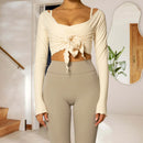 New Women Crop Wrap Tops Solid Color Tie up Hem V-Neck Fitted Long Sleeve Shirt For Club Streetwear Aesthetic Clothes S M L