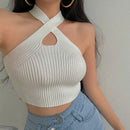 Top Cropped Feminino Halter de Tricô com Alças Cruzadas - Sexy Ombro a Ombro Regata Verão 2023