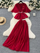 Women Summer Skirt Sets New Fashionable Three-dimensional Flower Short Sleeved Chiffon Top Pleated Skirt Two-piece Set C111