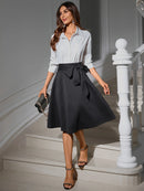 Women's Elegant High Waist Flared Midi Skirt with Bow Belt, Inclusive Fit, Stretch Knit Fabric, Versatile for Office and Party W