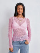 Women Lace Pullover TopS Retro Long Sleeve Round Neck See Through Solid Color Fitted T-Shirts Casual Blouse Streetwear Y2K 2000s