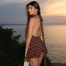 Vestido Mini Feminino com Estampa de Bolinhas e Amarração - Sexy Sem Manga Slim Patchwork Costas Abertas