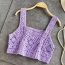 Women Crochet Sleeveless Crop for Tank Top Retro Knit Plaid Square Neck Sweater 6XDA