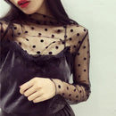 Elegant Lace T-shirt For Women Mesh Long Sleeve Tops See Through Top Transparent Sheer Blouse  High Neck Bottoming Shirts