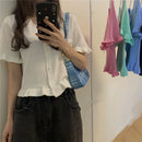 Camiseta Cropped Feminina de Tricô com Decote V e Manga Curta - Top Curto Casual Verão