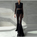 Women Pleated Elastic High Waist Fashion Evening Party Trousers See Through Mesh Pleated Flare Pants 2025 Summer Gown Chic Pants
