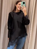 Ladies Elegant Asymmetric Lace Hem Black Blouse Chic O-neck Long Sleeve Loose T-shirt Tops 2026 New Spring Women's Blouse