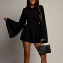 Vestido Mini Feminino Elegante com Gola Redonda e Manga Longa Flare - Cintura Alta Linha A Costas Abertas Amarrão Festa