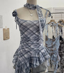 Women's Vintage Tie-dye Printed Mesh Spaghetti Strap Camisole Hot Girl Irregular Ruffled Ribbon Sleeveless Top Partyclub 1185