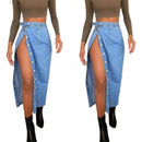 Casual Mid-Length Denim Skirt High Waist A-Line Skirt with Slit for Women Commute Pure Color Long Skirt with Button Detail