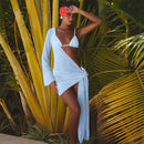 Women's Lace Hollow out Skirt Set Crop Top with Flare Sleeves See through Mini Skirts Summer 2025 Party Sexy Hip Package Outfit