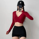 Women's Cross V-Neck Workout Top, Cropped Long Sleeve Open Back Shirt, Sexy Yoga Pilates Fitness Wear