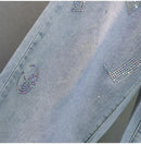 High waisted Jeans For Summer 2025 New Loose Elastic waist Hot pressed Diamond Pants Women's Casual Denim Trousers