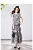 VIMLY Chinese Style Floral Print Skirt Set Women 2026 Summer Outfit Sleeveless Top Maxi Skirt Lady Two Piece Clothing Set A6121