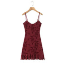 French Vintage Sexy Spaghetti Straps Flowers Short Dress Bungundy Black