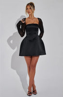 Vestido Mini Feminino com Brilho e Manga Longa - Sexy Costas Abertas Amarrão Cintura Alta Clube Festa