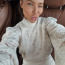 2026 New Women's Long Sleeve Design Fashion Openwork Lace Miniskirt Elegant Temperament Autumn Party Banquet Evening Dress