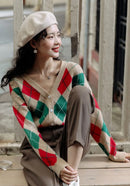 Cardigan Tricô Xadrez Feminino Estilo Coreano - Decote V Outono Inverno 2025