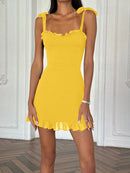 Vestido Mini Feminino Elegante com Babados e Bandagem - Sexy Slim Festa Aniversário