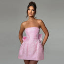 Vestido Feminino Jacquard com Ombro Frio e Laço - Sexy Costas Abertas Amarrão Festa Verão