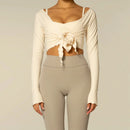 New Women Crop Wrap Tops Solid Color Tie up Hem V-Neck Fitted Long Sleeve Shirt For Club Streetwear Aesthetic Clothes S M L