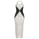 Vestido Longo Feminino com Renda Contrastante e Halter - Sexy Costas Abertas Festa