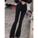 Fashion V High Waist Black Flare Pants Women 2025 Summer Korean Slim Fit Wide Leg Trousers Ladies Streetwear Bell Bottom Pants