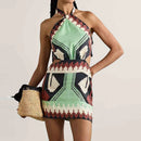 Vestido Mini Feminino Boho com Estampa e Halter - Vazado Ombro Frio Costas Abertas Amarrão